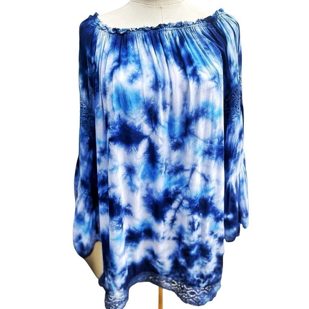 Surf Gypsy Blue Tie Dye Off Shoulder Bohemian Blouse Size Small EUC